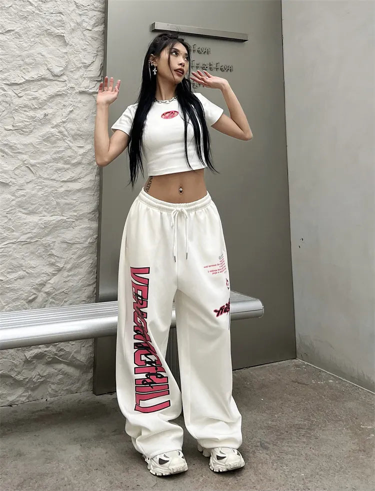 Letter Print Elastic Waist Baggy Wide Leg Sweatpants