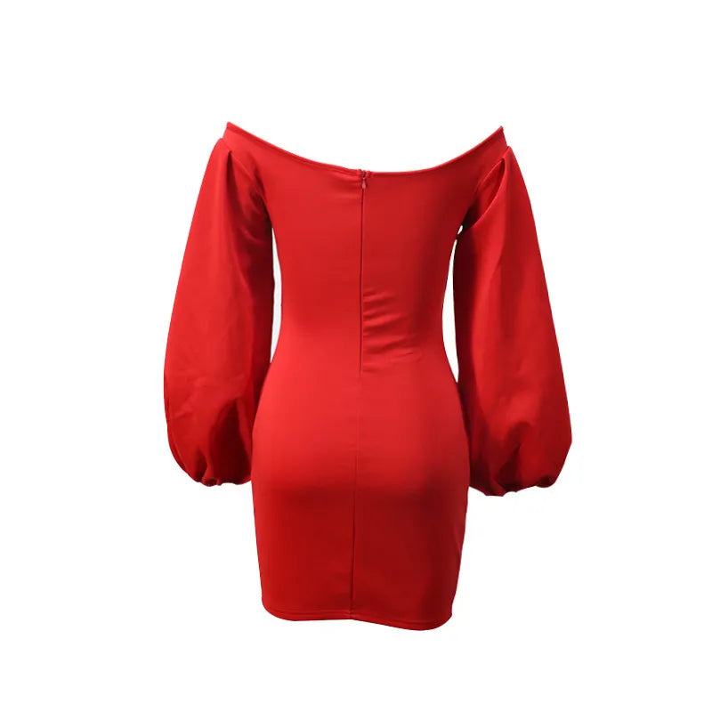 Elegant Off Shoulder Puff Sleeve Wrap Ruched Bodycon Mini Dress