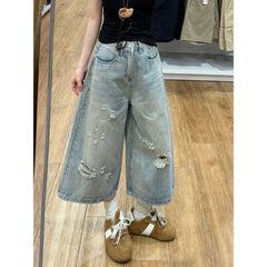 High Waist Ripped Wide Leg Cropped Jeans