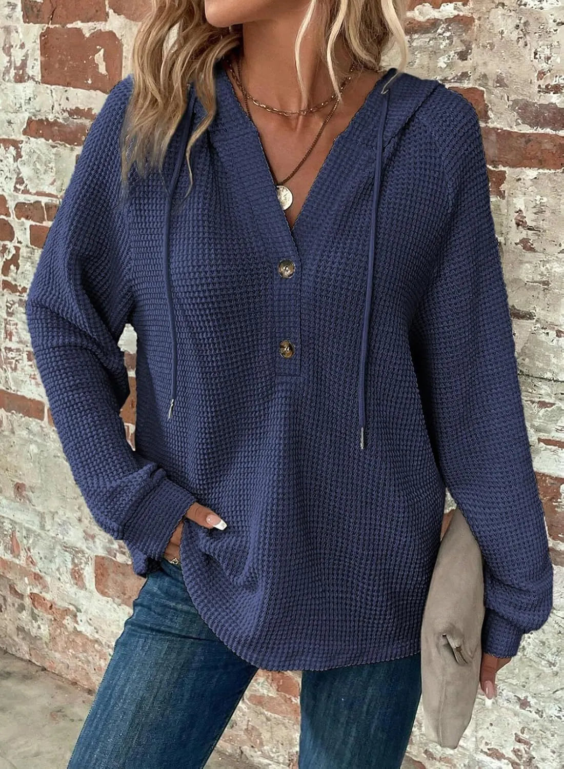 Waffle Knit Hooded Top, V-Neck Button Front Oversized Sweatshirt for Fall