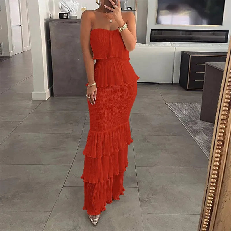 Strapless Ruffle Slim Long Dress