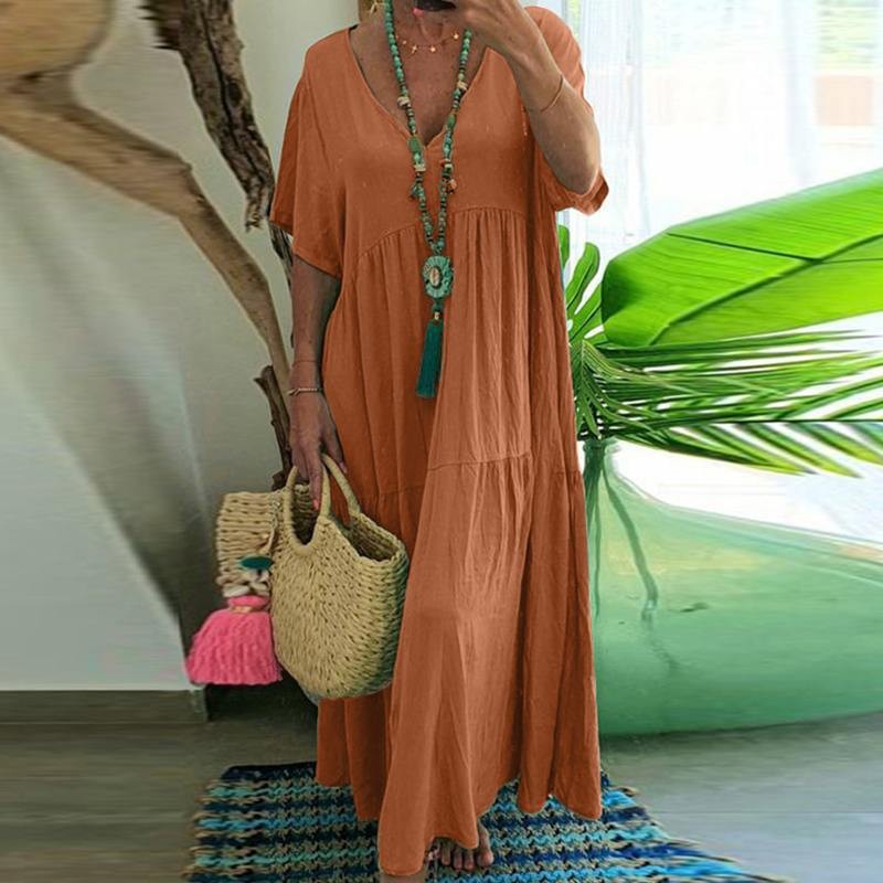 Solid Color V-Neck Short Sleeve Loose Tiered Maxi Dress
