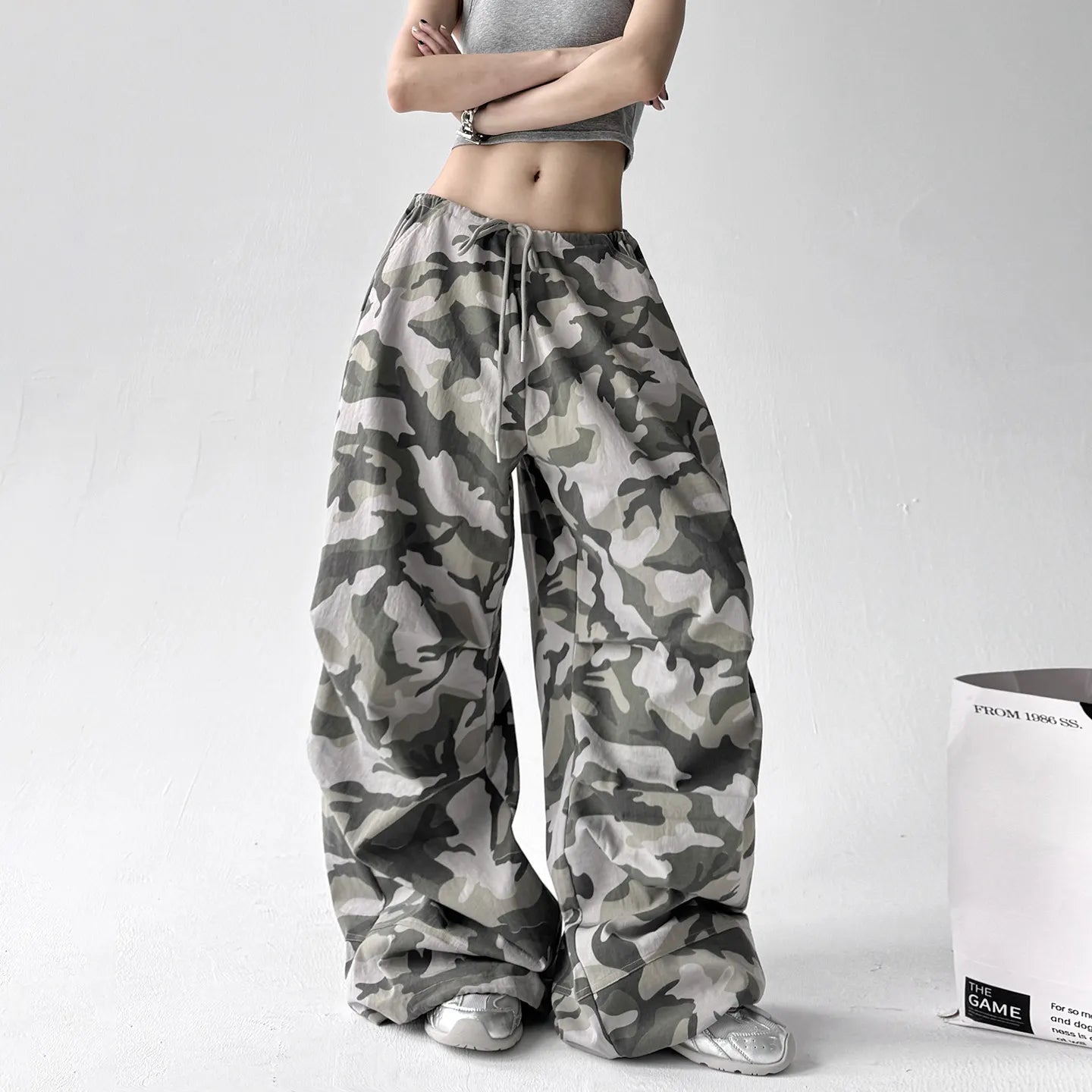 Printed Flare Work Pants | High Waist Camo Print Drawstring Wide Leg Hip Hop Cargo Trousers
