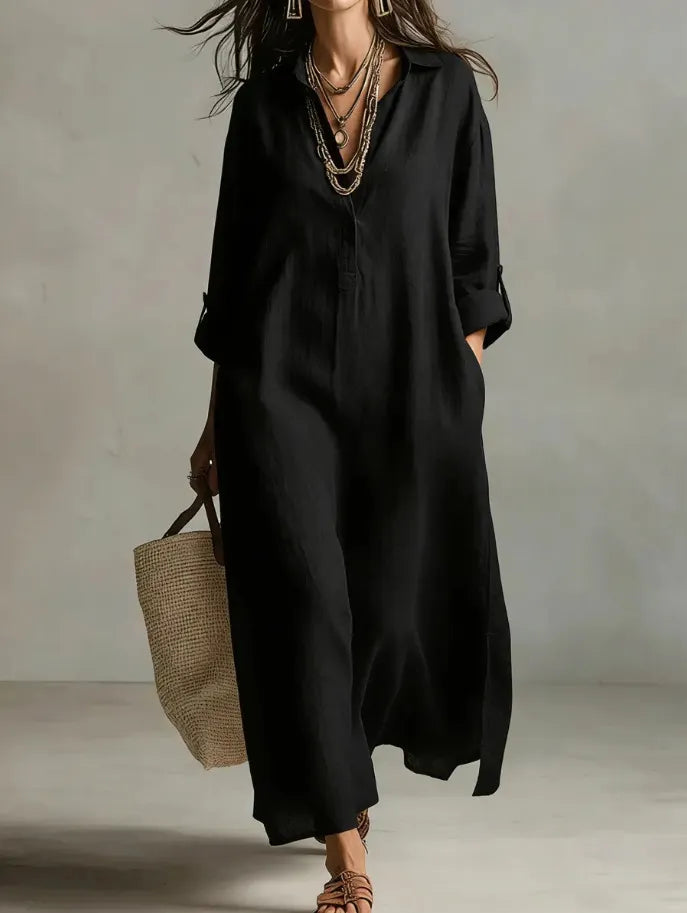 Shirt Collar Seven-Quarter Sleeve Loose Cotton Linen A-Line Maxi Shirt Dress