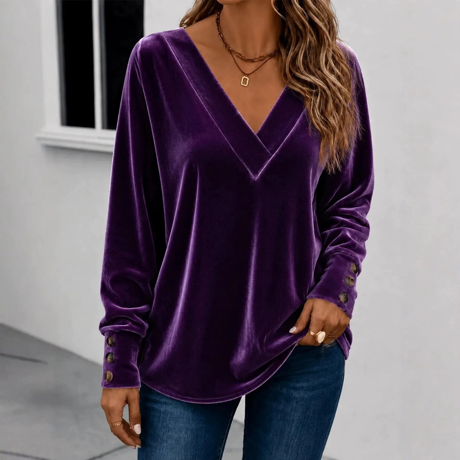 V Neck Velvet Long Sleeve Casual Top