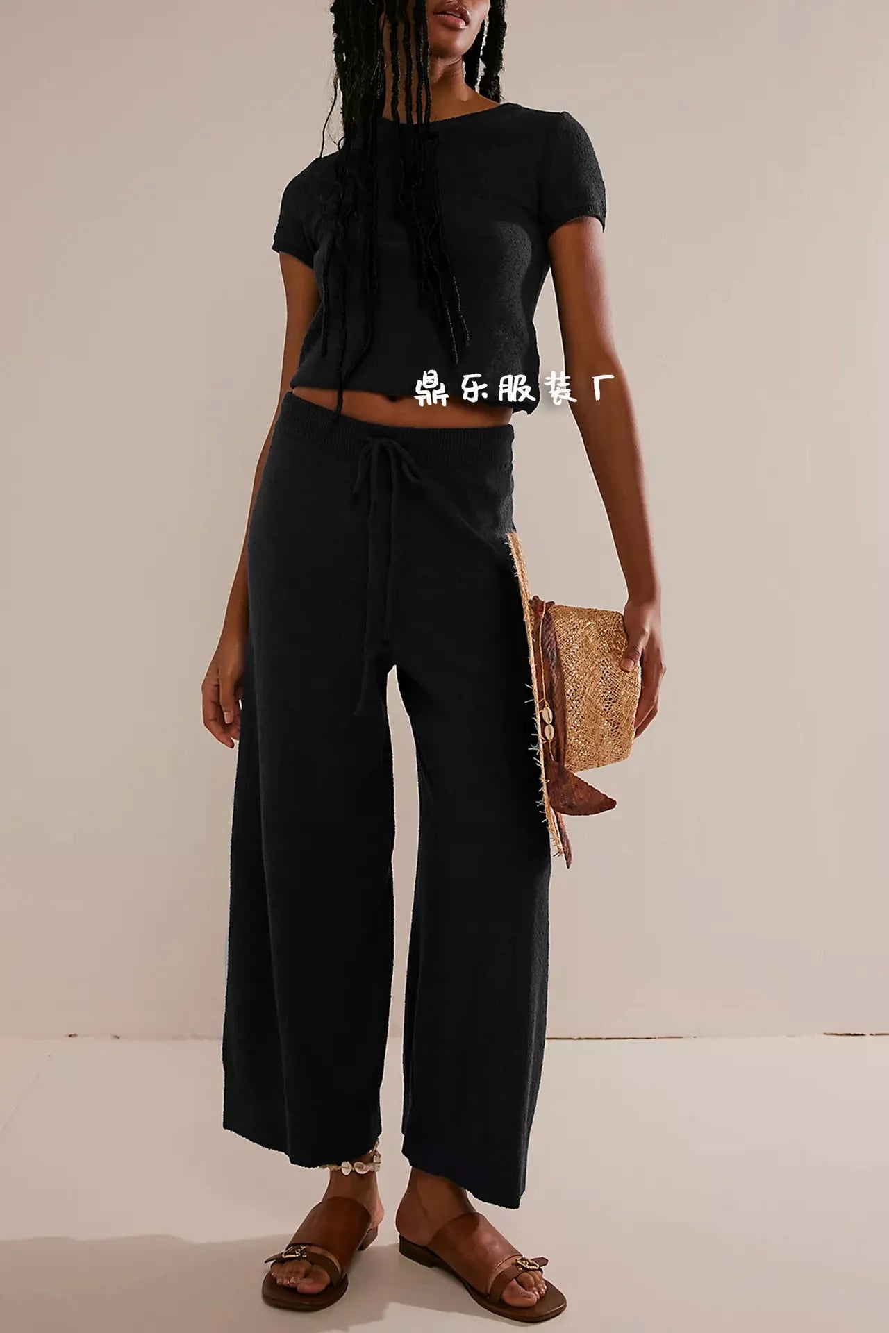 Beige Short-Sleeve Knit Top & Wide-Leg Pants Set
