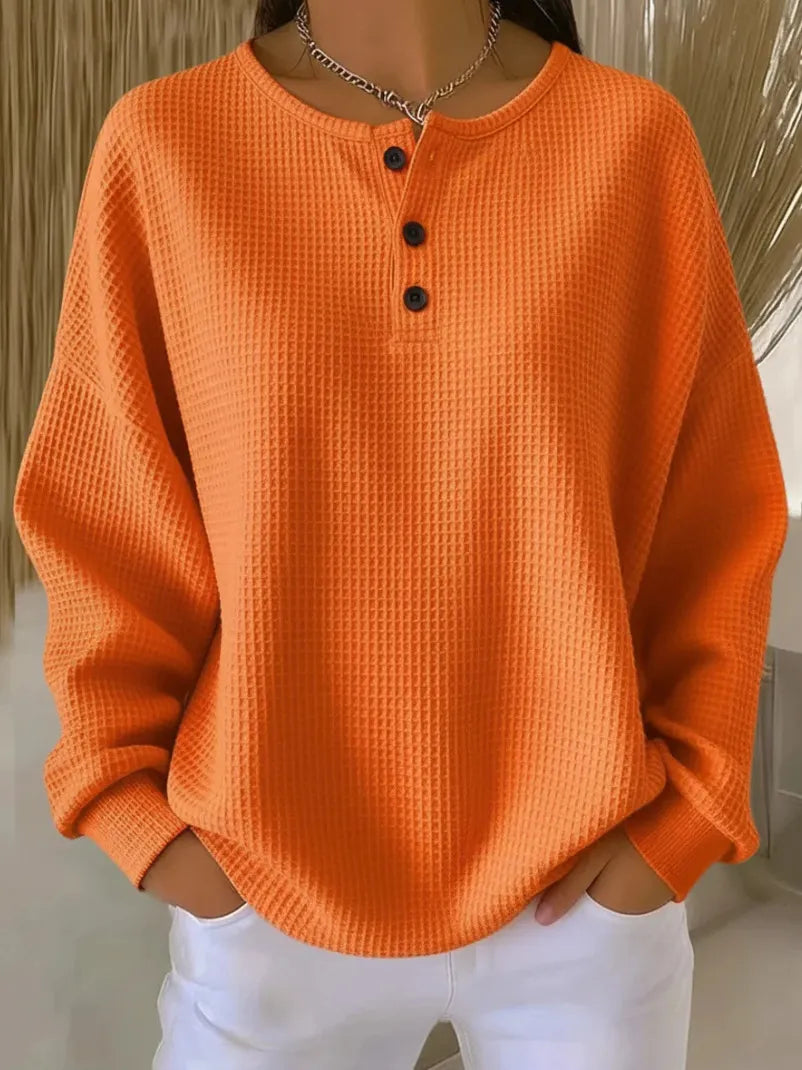 Casual Oversized Waffle Knit Top, Henley Button Neck Long Sleeve Tee