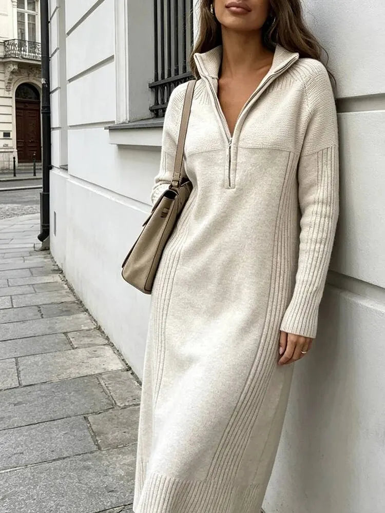 Burgundy Half Zip Cable Knit Midi Dress