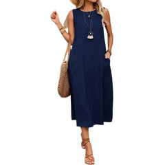 Solid Color Round Neck Sleeveless Loose A-Line Pocket Casual Maxi Dress