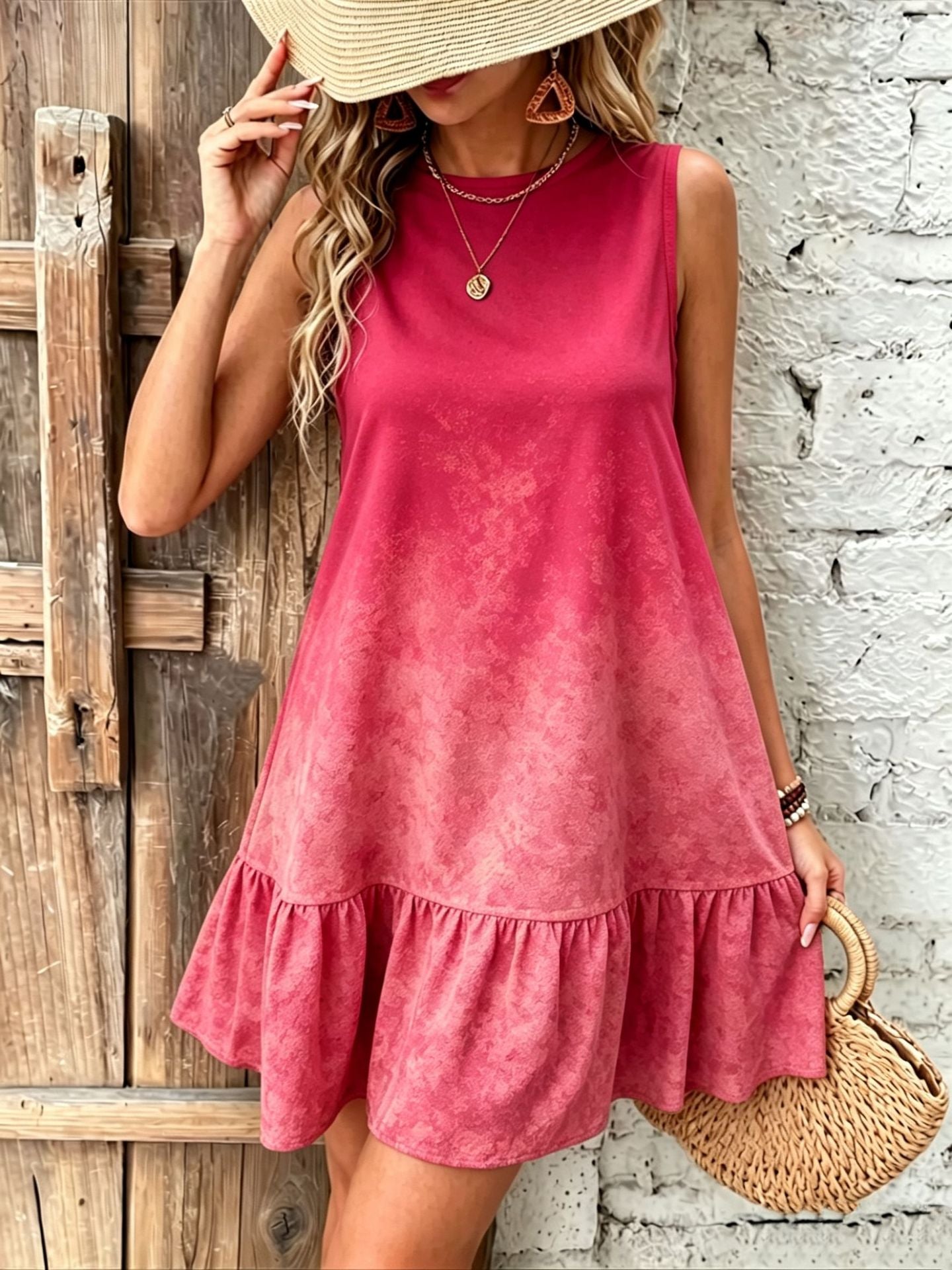 Green Gradient Round Neck Sleeveless Ruffle Hem Mini Dress
