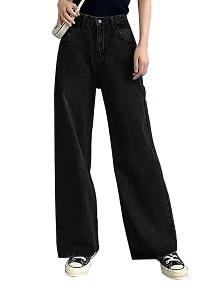 High‑Waist Washed Wide Leg Jeans