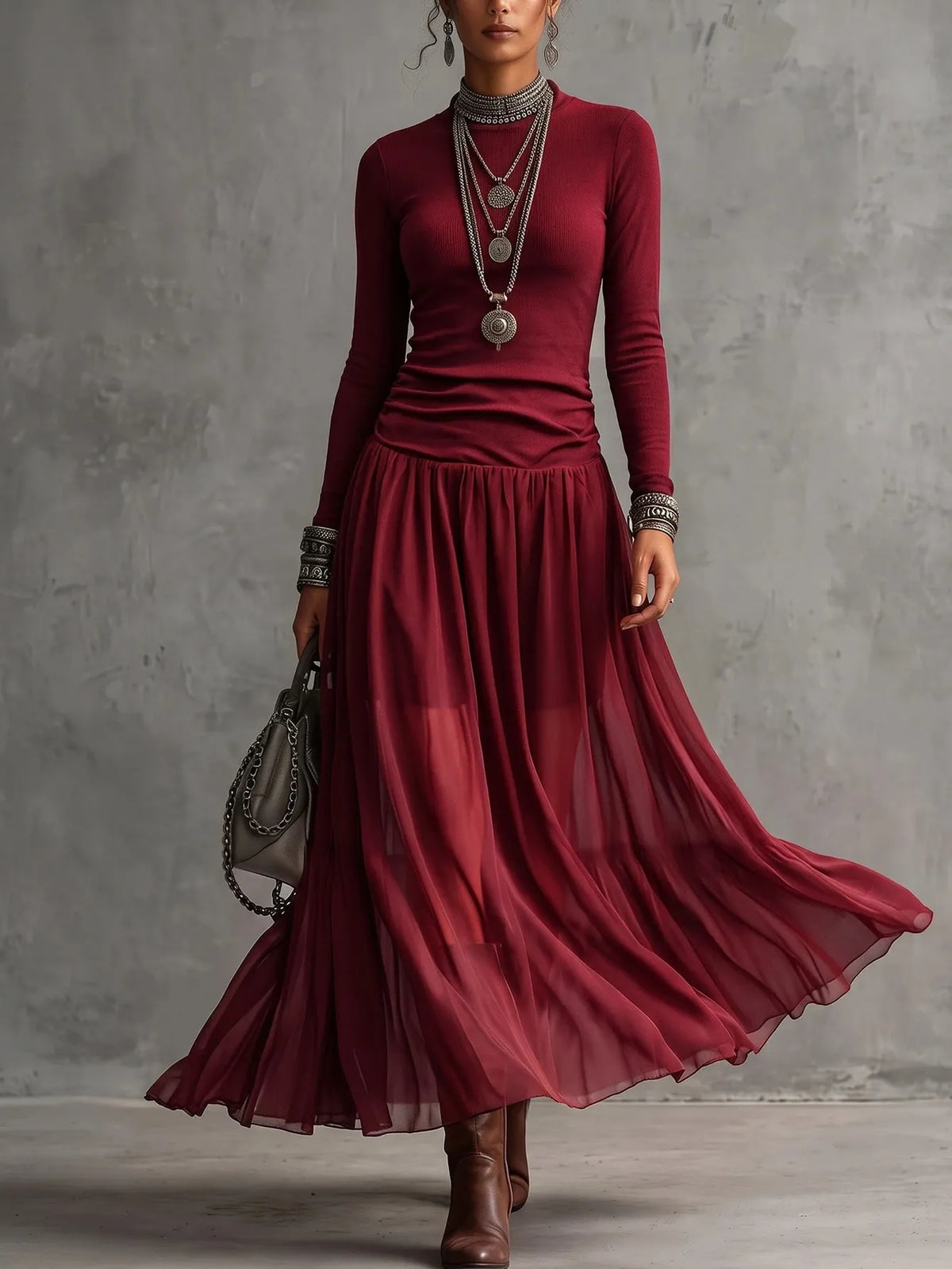 Crew Neck Pleated Maxi Dress