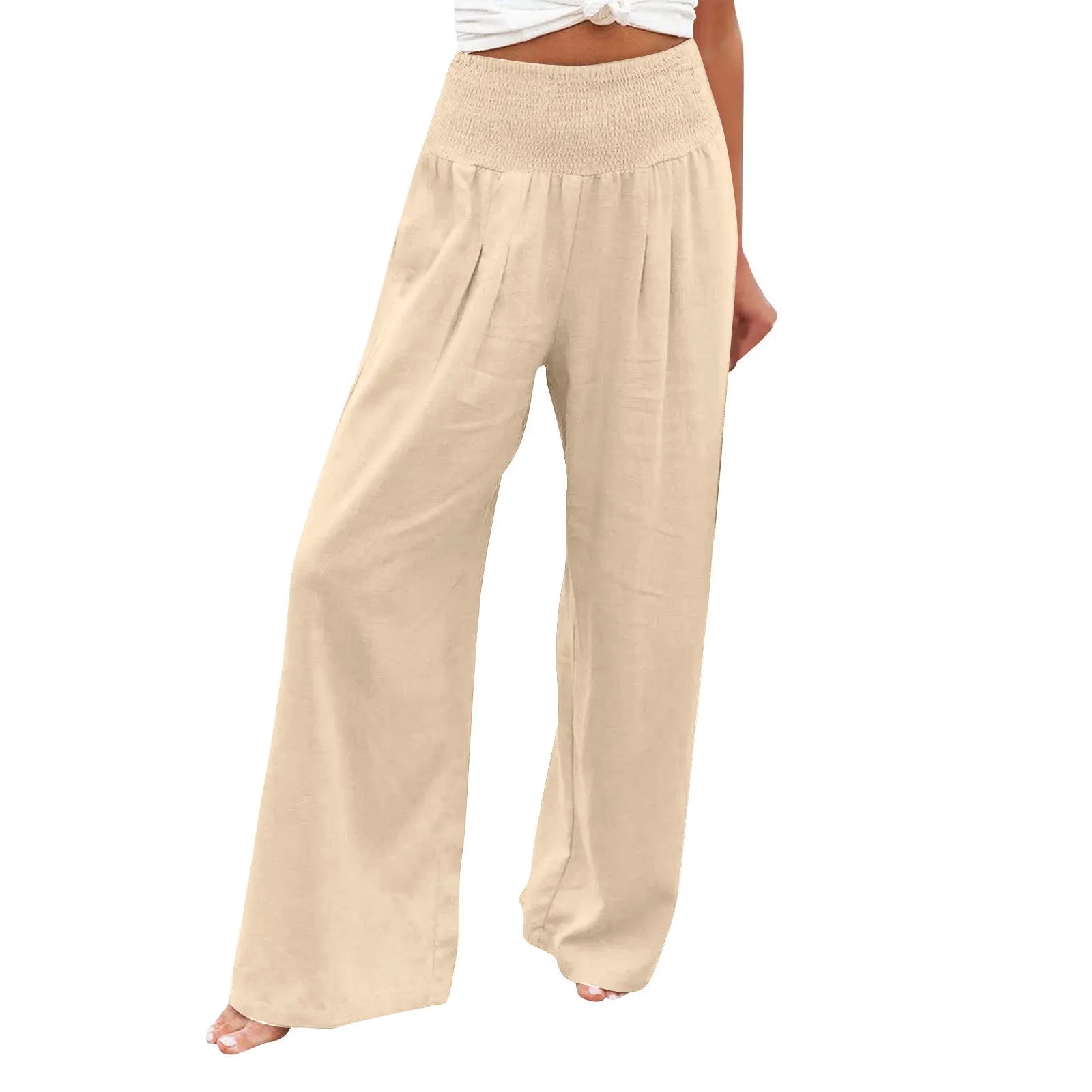 High Waist Smocked Waistband Cotton Linen Wide Leg Pants