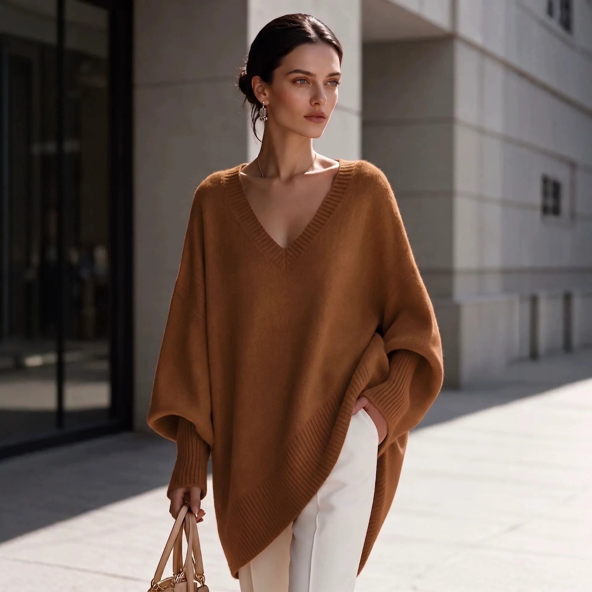 Dusty Pink Oversized V Neck Tunic Sweater, Batwing Long Sleeve Soft Knit Top