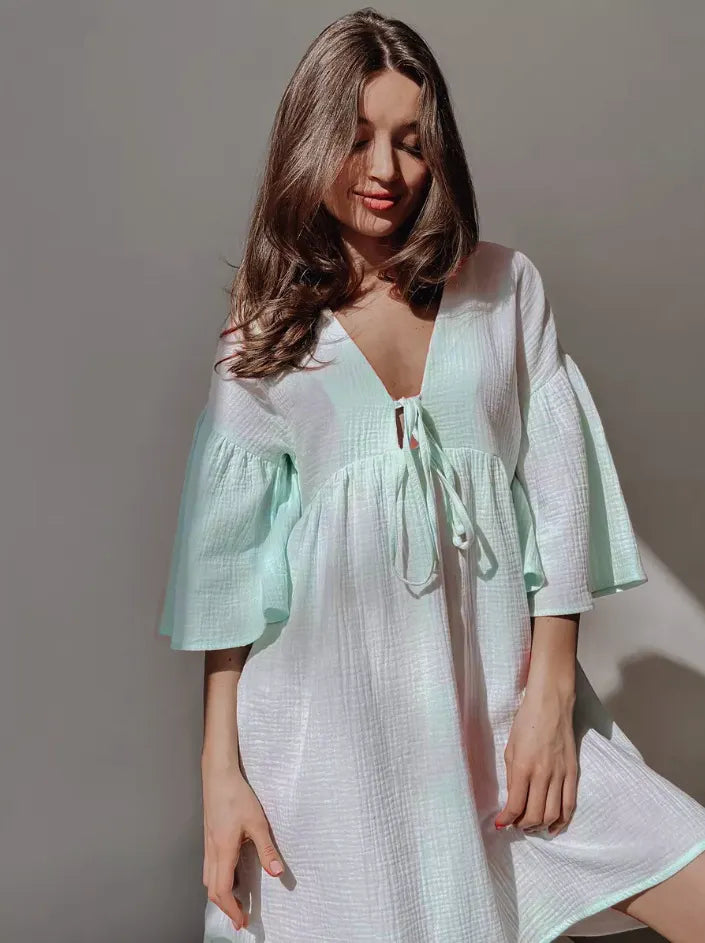 V-Neck Tie Front Flare Sleeve Crinkle Mini Dress