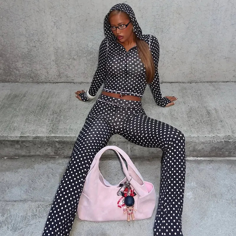 Polka Dot Two-Piece Loungewear Set, Long Sleeve Crop Top & Flare Pants