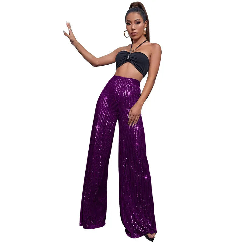 Sequin Stripe High Waist Wide Leg Pants