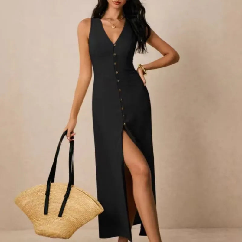 Sleeveless V Neck Button Front Split Midi Dress