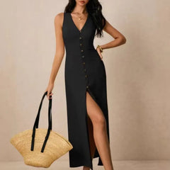 Sleeveless V Neck Button Front Split Midi Dress