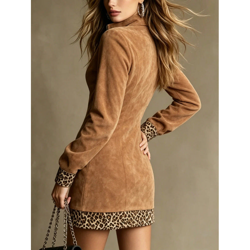 Brown Faux Suede Half Zip Mini Dress, Long Sleeve Leopard Print Cuff Hem Western Bodycon Short Dress