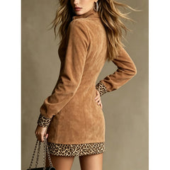 Brown Faux Suede Half Zip Mini Dress, Long Sleeve Leopard Print Cuff Hem Western Bodycon Short Dress