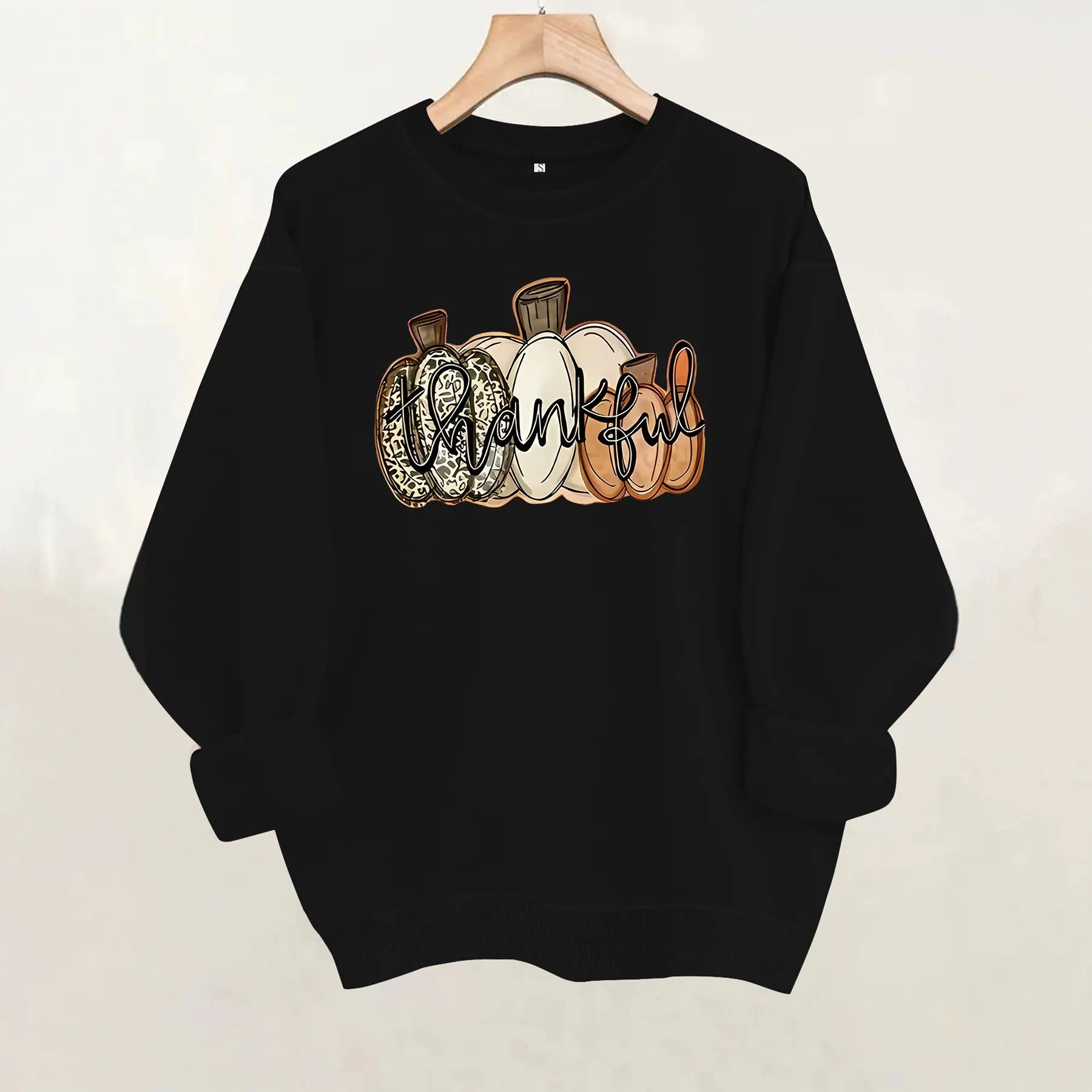 Halloween Thankful Pumpkin Print Round Neck Sweatshirt