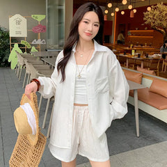 Oversized Long Sleeve Shirt Drawstring Shorts / Pants 2 Piece Casual Suit