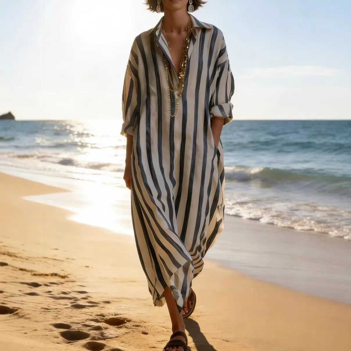 Striped Oversized Lapel Shirt Maxi Dress
