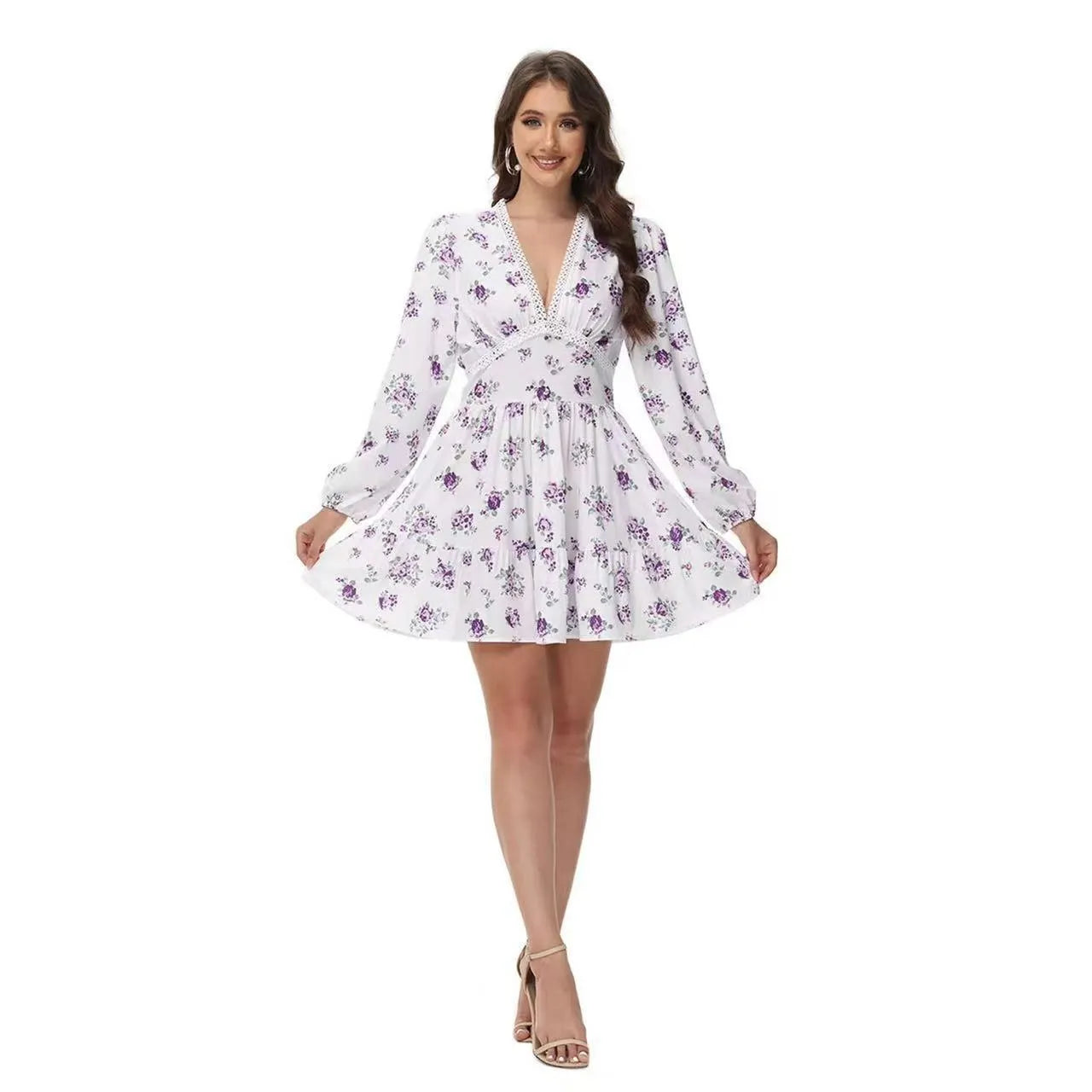 Sweet Floral V-Neck Bubble Sleeve A-Line Mini Dress Loose Waist Lightweight Campus Daily Dress