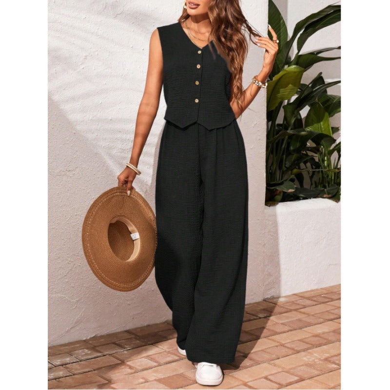 Green V-Neck Button Vest & Wide-Leg Pants Two-Piece Set