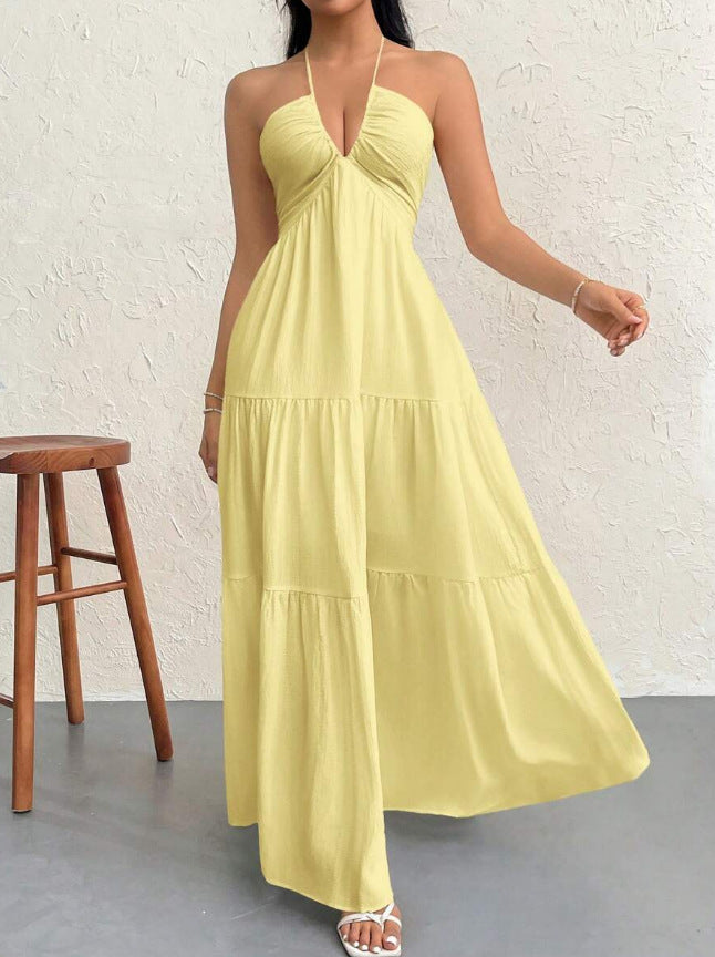 White Halter V-Neck Tiered Maxi Dress