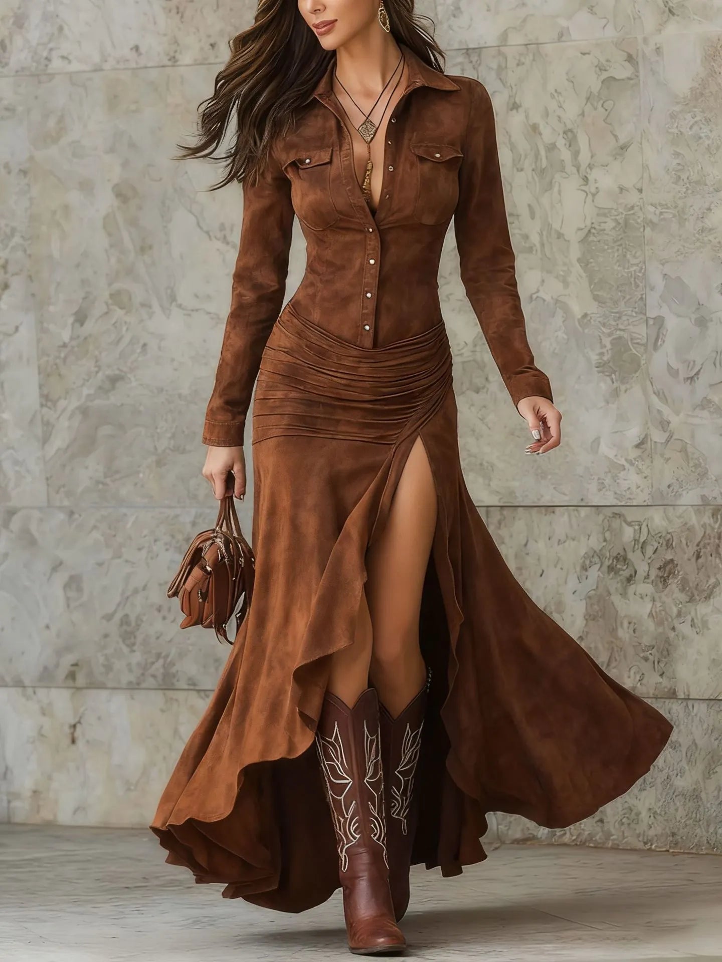 Faux Suede Western Maxi Dress