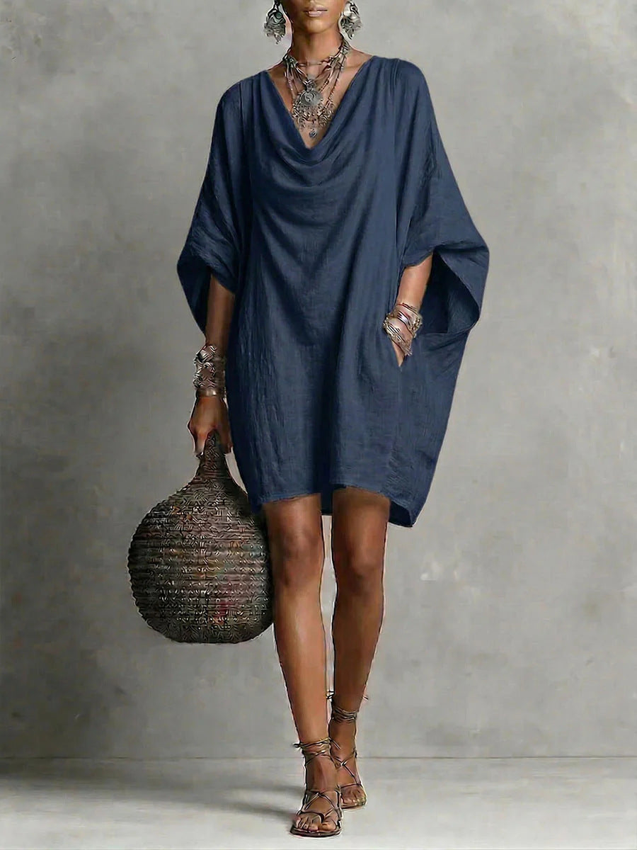 Dark Blue Cowl Neck Batwing Sleeve Midi Dress