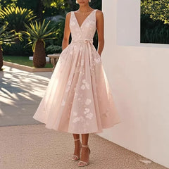 Light Pink V-Neck Sleeveless A-Line Midi Dress