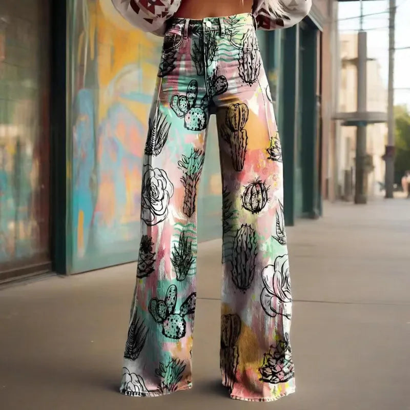 High Waist Western Cowboy Horse Print Wide Leg Pants