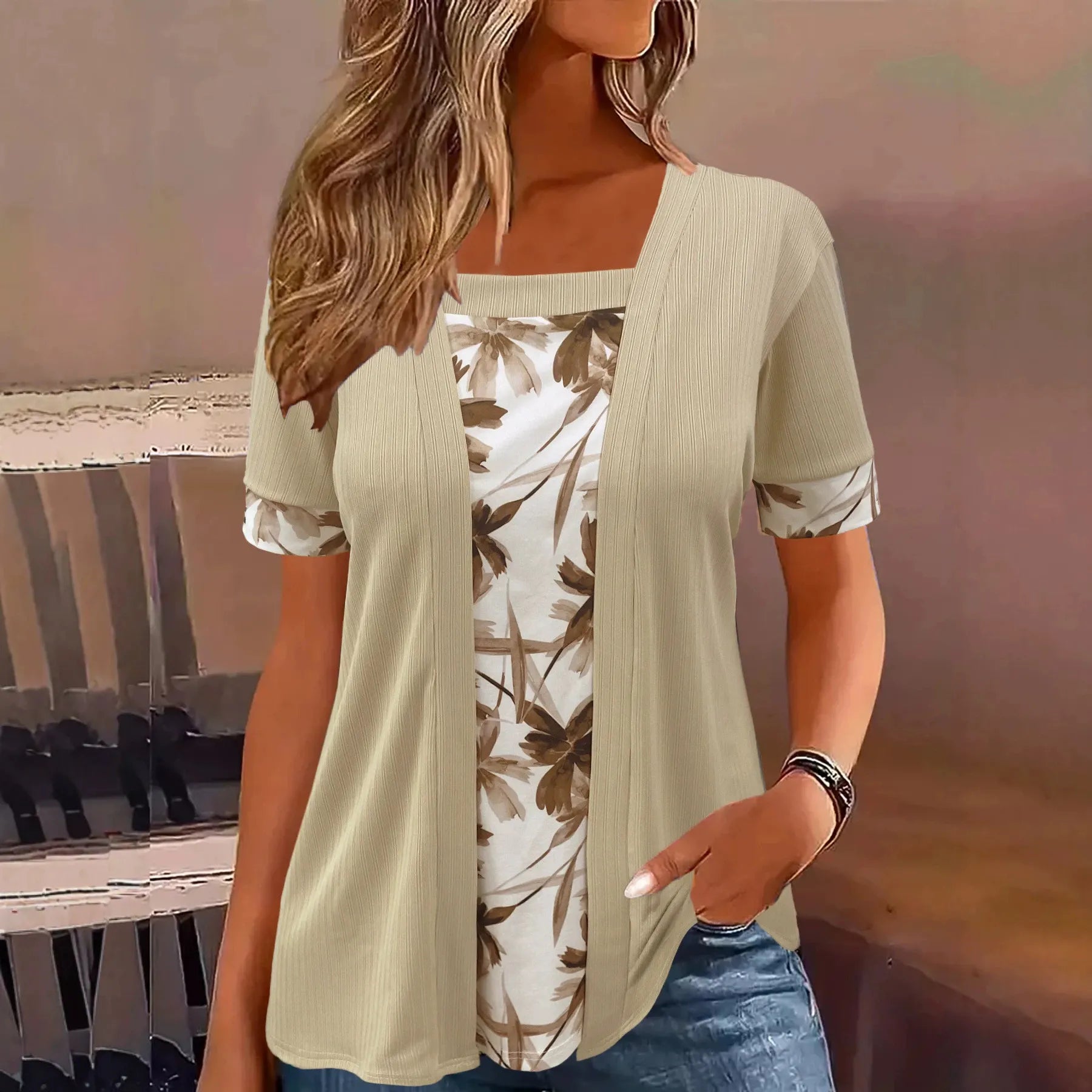 Square Neck Floral Print Fake Two-Piece Short Sleeve Loose Casual Top