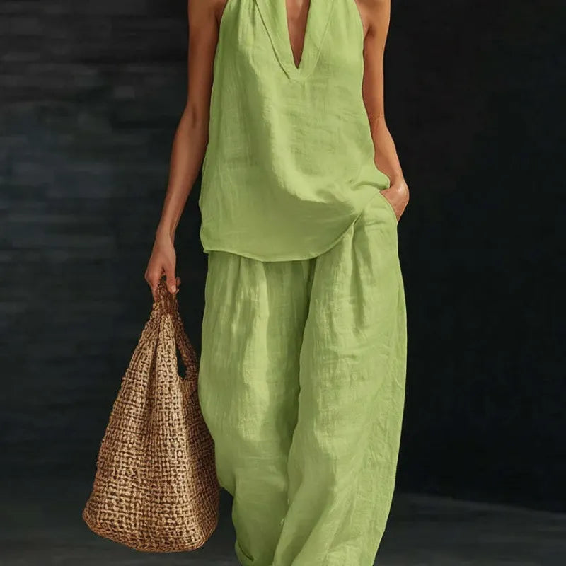 Solid Halter Neck Sleeveless Top & Wide Leg Pants Two-Piece Set