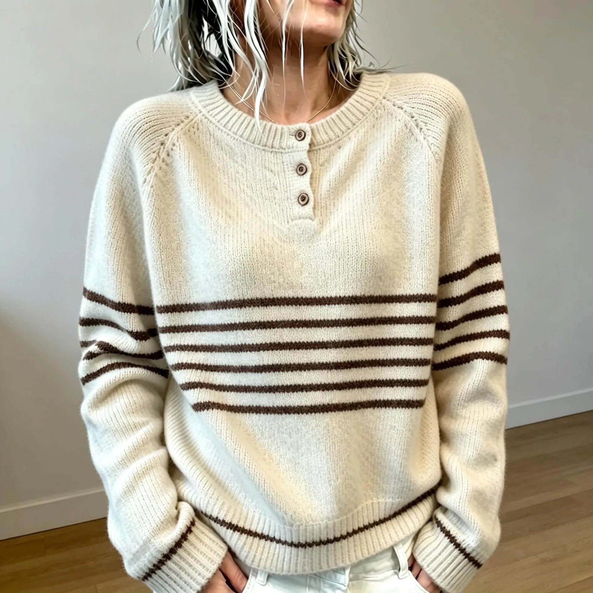 Striped Henley Neck Pullover Sweater