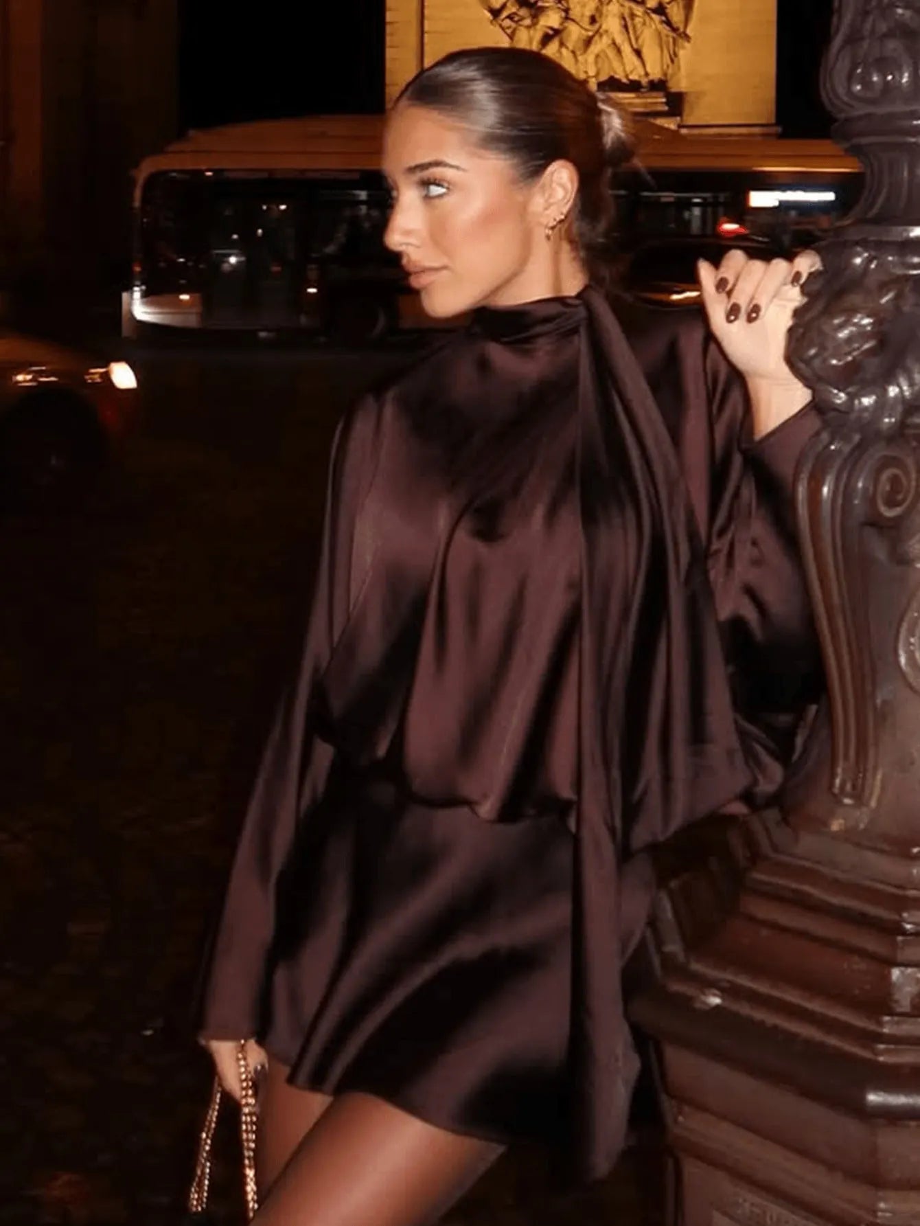 Solid Tie Scarf Collar Pleated Long Sleeve Satin Mini Dress