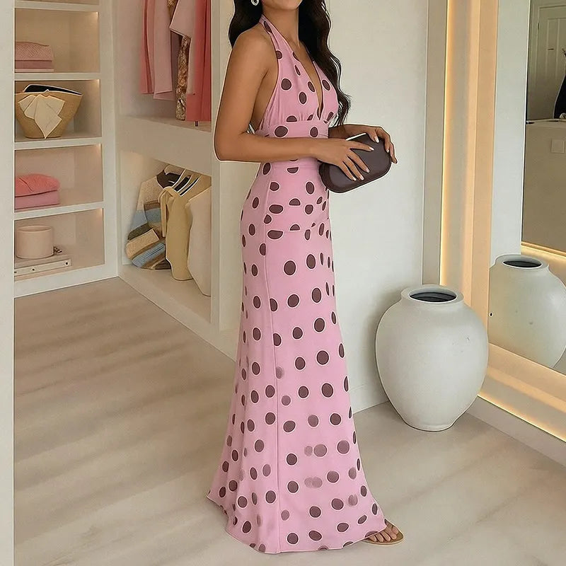 Polka Dot Halter Neck Maxi Dress