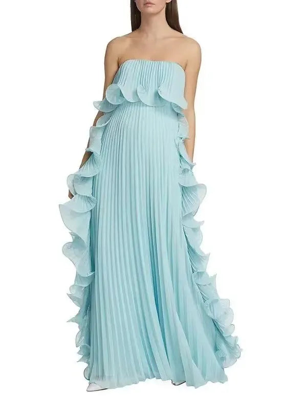 Strapless Ruffle Pleated Maxi Evening Dress
