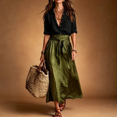 Color Matching Long Sleeve Shirt & Tie Waist Midi Skirt Two Piece Set