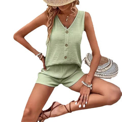 Solid Sleeveless Button-Down Top & Elastic Waist Shorts Two-Piece Set