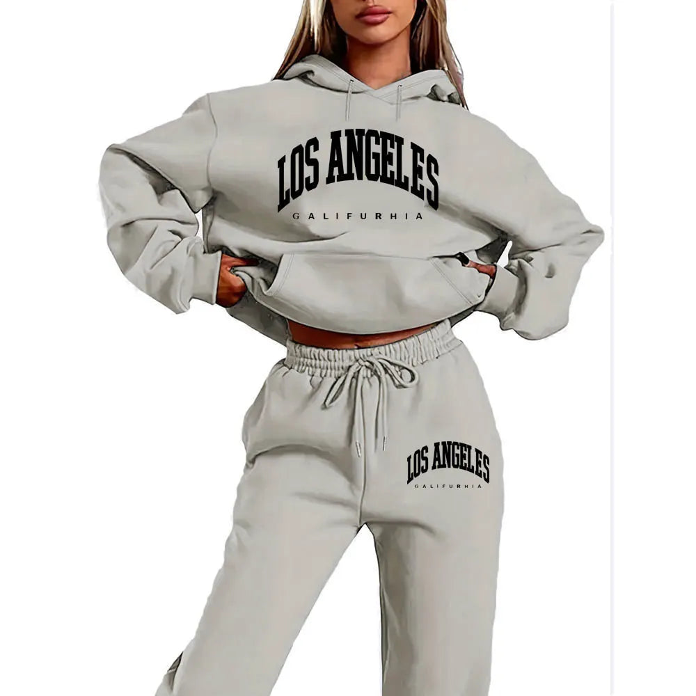 Los Angeles Letter Print Hoodie & Drawstring Sweatpants Two Piece Tracksuit