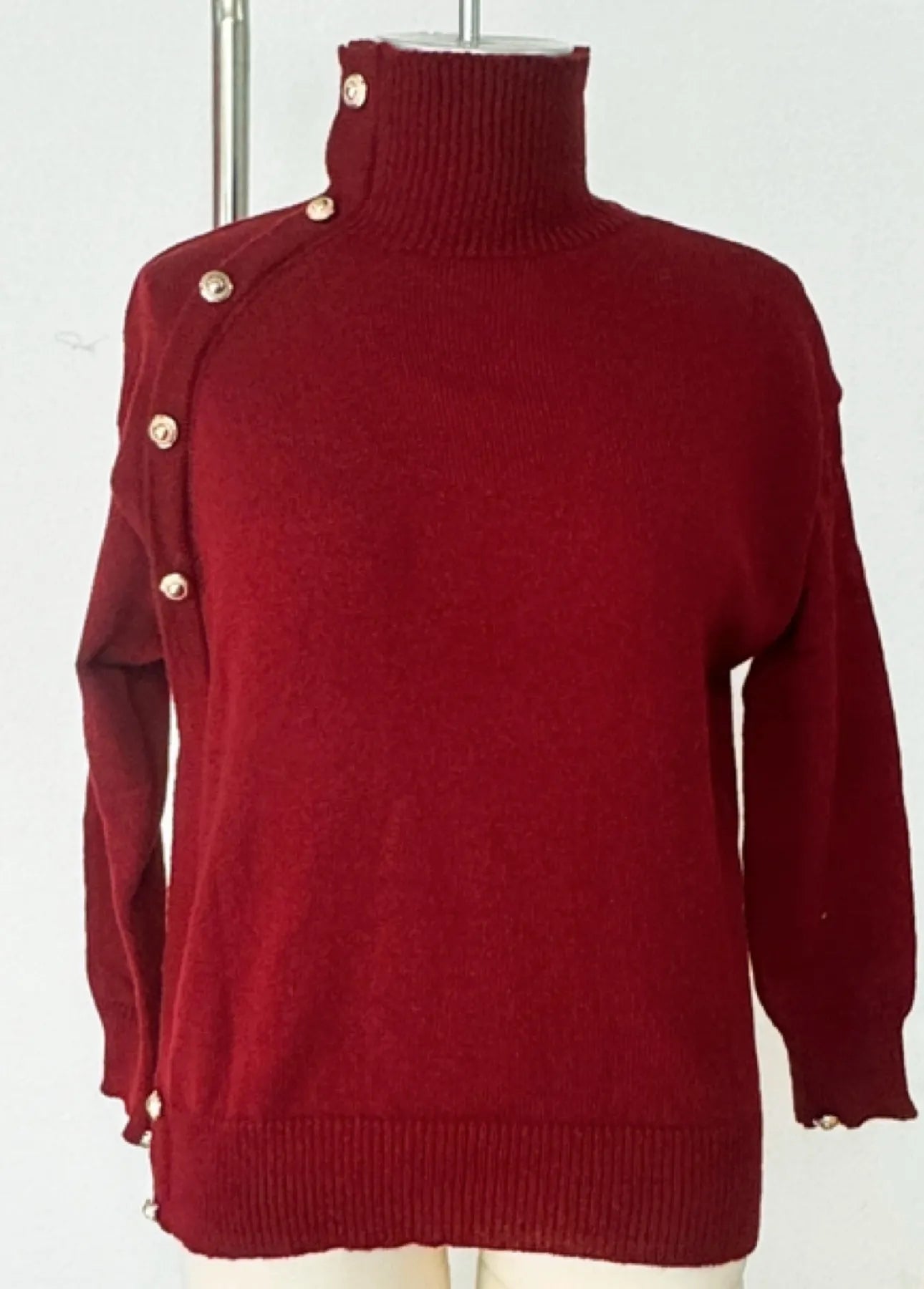 Chic Blue Turtleneck Knit Sweater, Statement Side Gold Buttons Casual Fall Winter Top