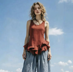 U-Neck Sleeveless Ruffle Hem Cotton Linen Tank Top