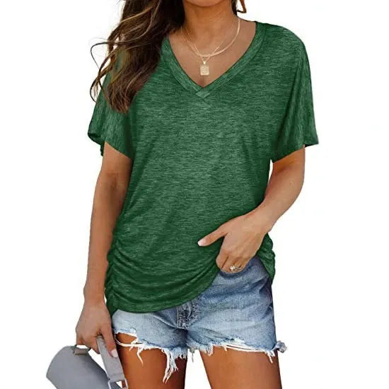 V-Neck Solid Color Loose Short Sleeve Rayon Blend Casual T-shirt