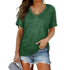 V-Neck Solid Color Loose Short Sleeve Rayon Blend Casual T-shirt