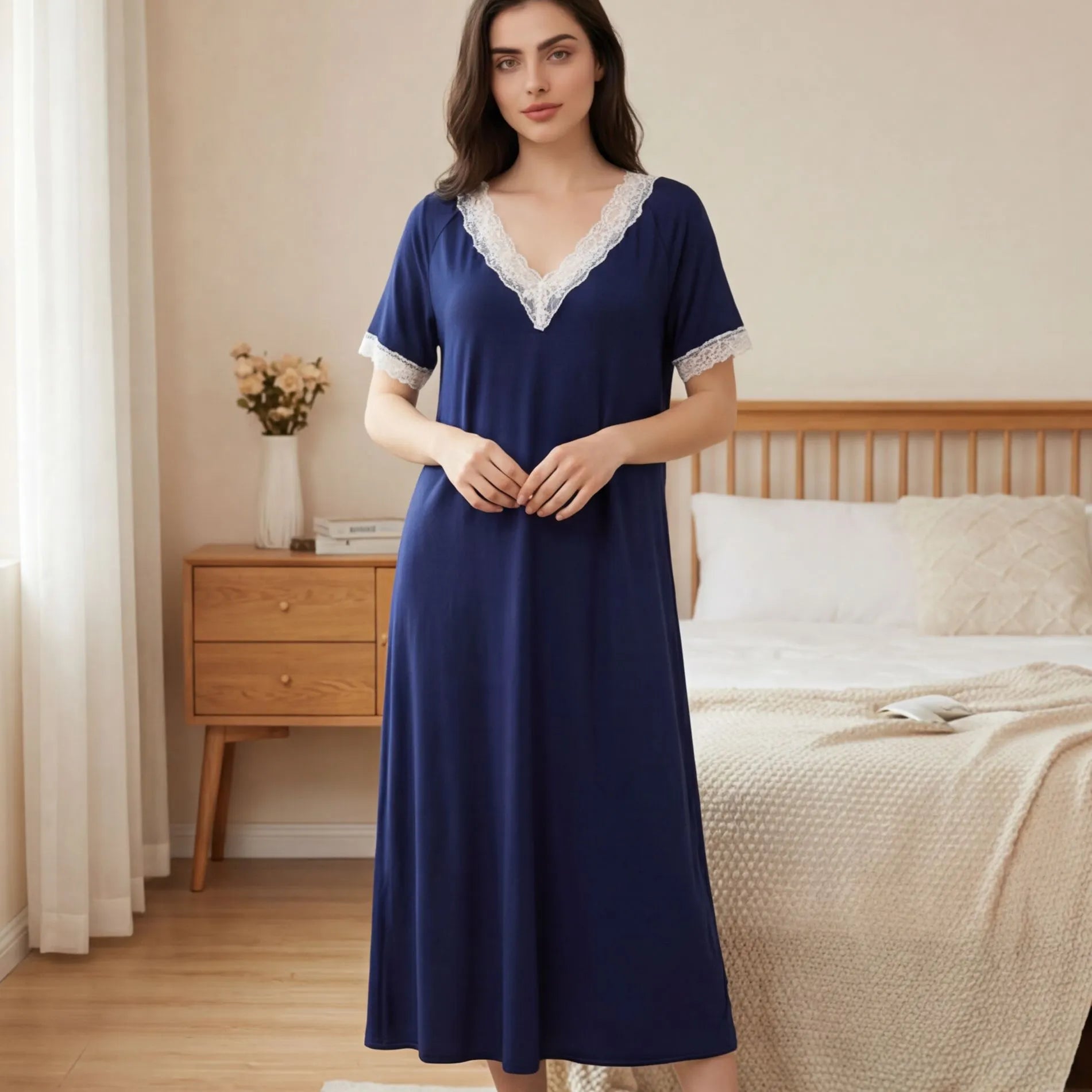 Elegant Ladies Midi Nightdress, Soft Modal V-Neck Lace Edge Short Sleeve Night Gown