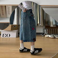 Cartoon Patch Embroidery Vintage Washed Cropped Jeans
